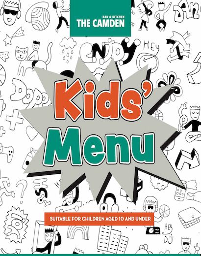 Kids' menu cover with playful doodles, colorful text, and a starburst design. Suitable for children aged 10 and under.