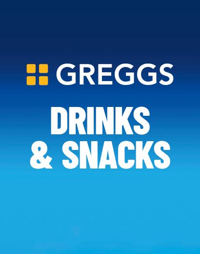 "Greggs Drinks & Snacks" text on a blue gradient background with a yellow logo.