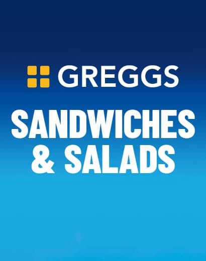 Blue background with "Greggs Sandwiches & Salads" in bold white text, accompanied by the Greggs logo above.