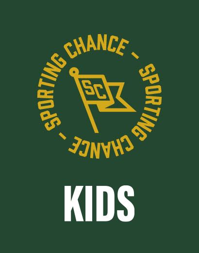 Green background with a yellow circular logo featuring a flag symbol and the text "Sporting Chance." "KIDS" is written in bold white letters below.