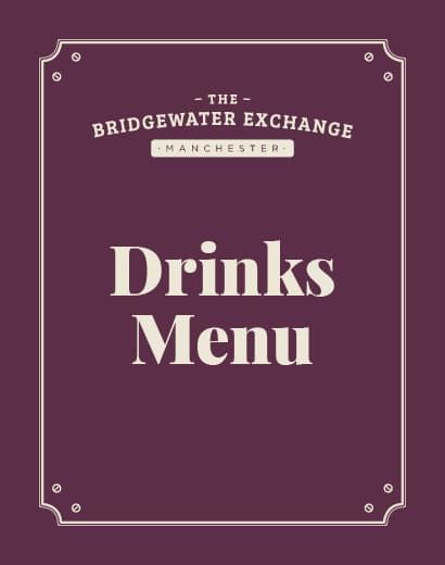 Purple drinks menu cover for "The Bridgewater Exchange" in Manchester, featuring bold white text with decorative corners.
