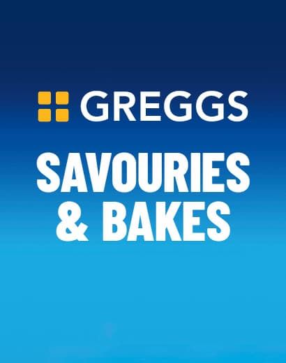 Blue gradient background with the Greggs logo and the text "SAVOURIES & BAKES" in bold white letters.