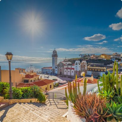 Path leading down to colourful buildings in Tenerife