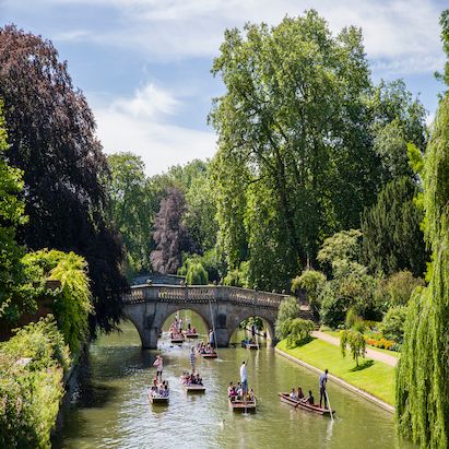 People punting on a river beneath a stone bridge, surrounded by lush greenery and trees on a sunny day.
