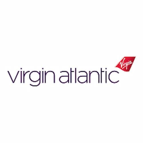 Virgin Atlantic logo featuring the company name in purple text and a red emblem with "Virgin" written in white.