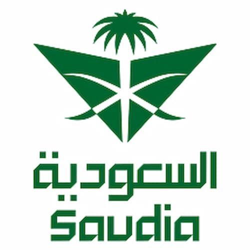 Green Saudia logo featuring a stylized palm tree and crossed swords above Arabic and English text, symbolizing Saudi Arabian identity.