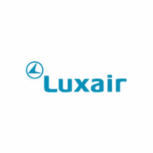 Blue Luxair logo featuring stylized propeller symbol and the airline's name in modern font.