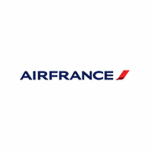 Air France logo with the name in blue letters and a red design element on the right, set against a white background.