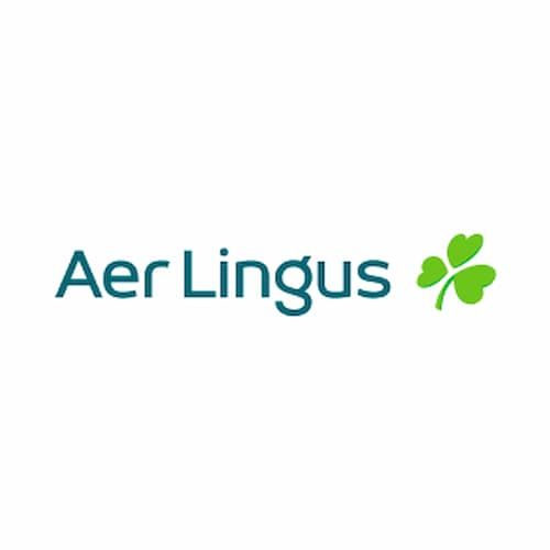 Aer Lingus logo featuring the name in teal and a green shamrock emblem on a white background.