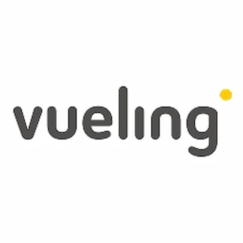 Vueling Airlines logo with lowercase gray text and a small yellow dot over the letter "i" on a white background.