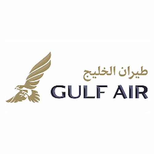 Gold falcon graphic next to Arabic script and "GULF AIR" text in bold. Logo design on a white background.