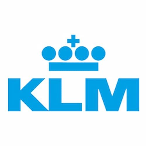 Blue KLM logo with stylized crown of three dots and a cross above the letters "KLM."