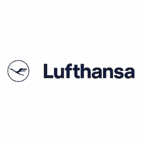 Lufthansa logo featuring a crane in a circle next to the company name in blue text.