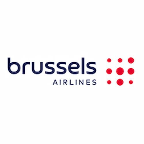 Brussels Airlines logo featuring the company name in blue with "Airlines" underneath and red dotted pattern on the right.