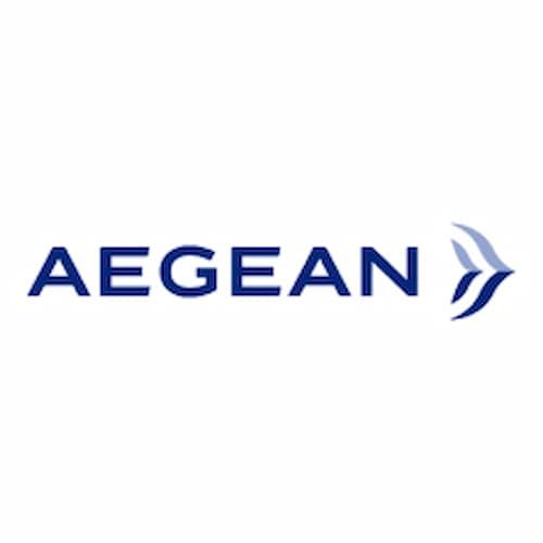 Aegean Airlines logo with blue text and a stylised bird icon.