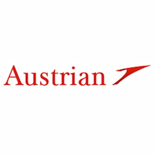 Red "Austrian" text with a stylised arrow logo on the right, on a white background, representing Austrian Airlines.