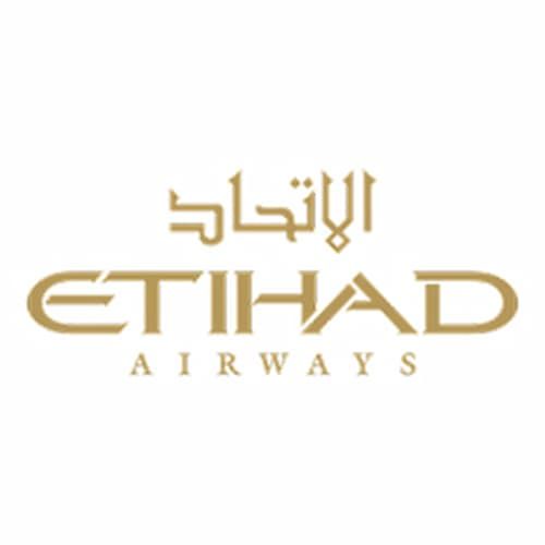 Etihad Airways logo with gold lettering in both Arabic and English on a white background.