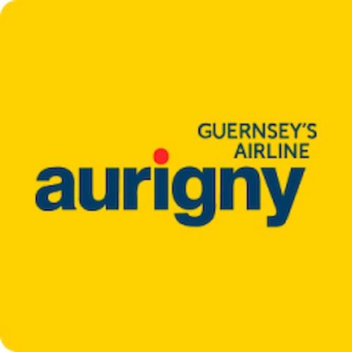 Yellow logo with "aurigny" in bold blue text and "GUERNSEY'S AIRLINE" above it, featuring a red dot on the letter 'i'.