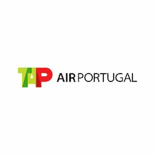 TAP Air Portugal logo featuring the letters "TAP" in green and red next to the words "AIR PORTUGAL" in black on a white background.