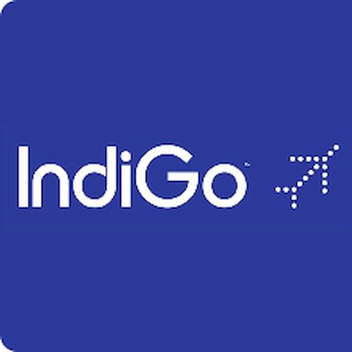 IndiGo logo featuring the airline's name in white text on a blue background with a stylized dotted airplane icon.