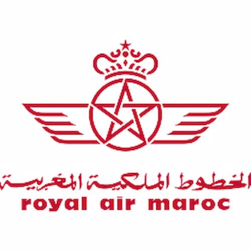 Red Royal Air Maroc logo with a winged star emblem and Arabic text above "royal air maroc" in English.