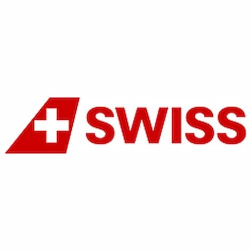 Red and white logo of Swiss International Air Lines featuring a stylized airplane tail with a white cross next to the word "SWISS."