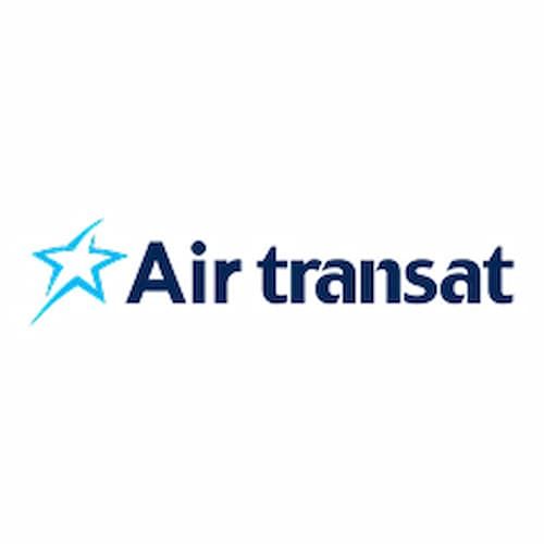 Air Transat logo featuring a blue star design and the brand name in dark blue text on a white background.