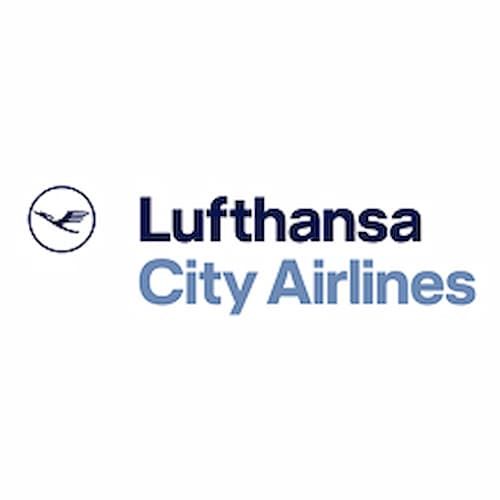 Logo of Lufthansa City Airlines featuring a bird symbol inside a circle and the company name in dark blue and light blue text.