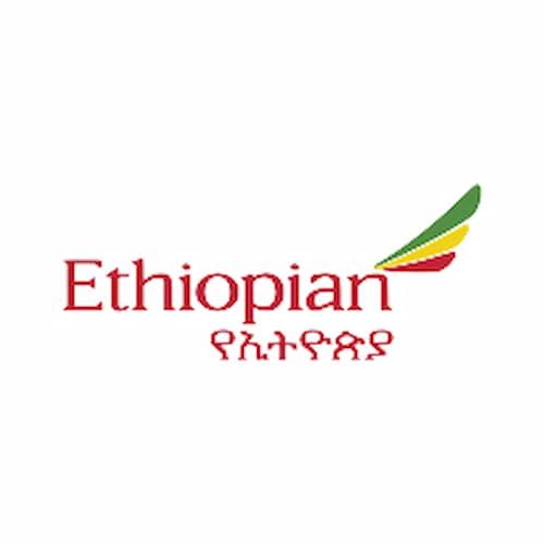 Ethiopian Airlines logo with name in red, Amharic script below, and a wing-like design in green, yellow, and red on the right.