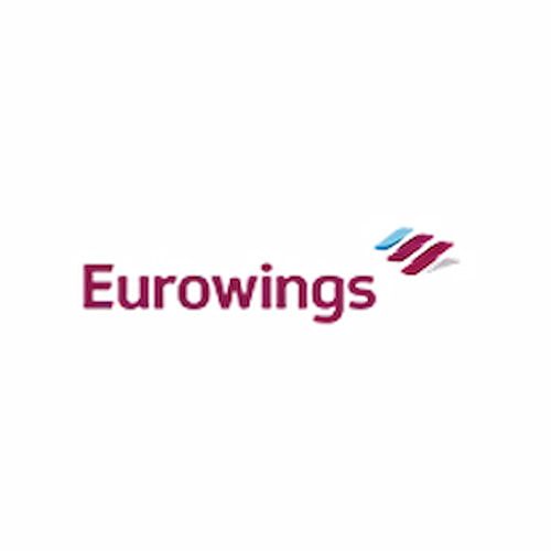 Logo of Eurowings featuring the company name in maroon text with blue and red striped wing-like shapes on the right.