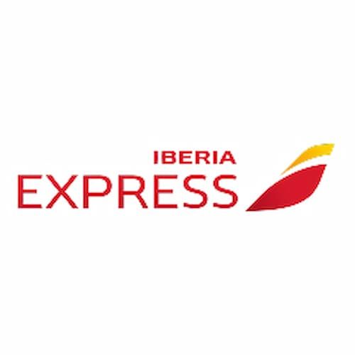Logo of Iberia Express with the word "EXPRESS" in bold red letters, featuring a stylized red and yellow airplane tail design.