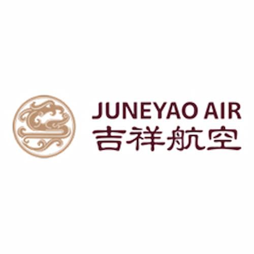 Logo of Juneyao Air featuring a stylized cloud motif and company name in English and Chinese beside it.