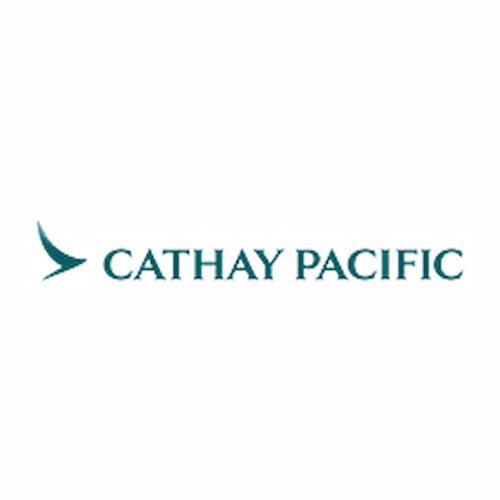 Cathay Pacific logo featuring a stylized teal brushstroke design and company name in teal text on a white background.
