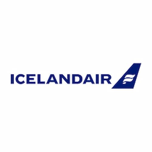 Icelandair logo with blue text and a stylized airplane tail fin symbol on a white background.