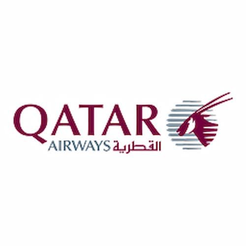 Qatar Airways logo featuring the airline's name in English and Arabic, with an oryx head silhouette inside a circular striped design.