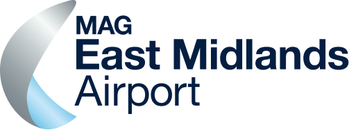 Logo that says "MAG East Midlands Airport" with silver and blue curl graphic on left