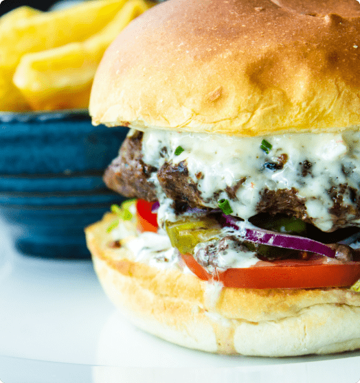 Image of large burger with fries on the side