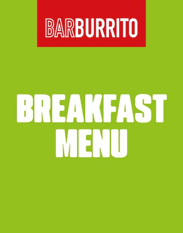 Green background with "Breakfast Menu" in bold white letters. Red banner at the top with "BarBurrito" text in white.
