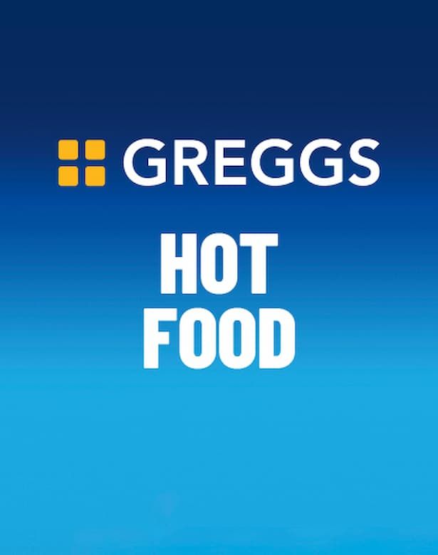 Blue-gradient background with "GREGGS" logo and text "HOT FOOD" in white, featuring four yellow squares on the left.