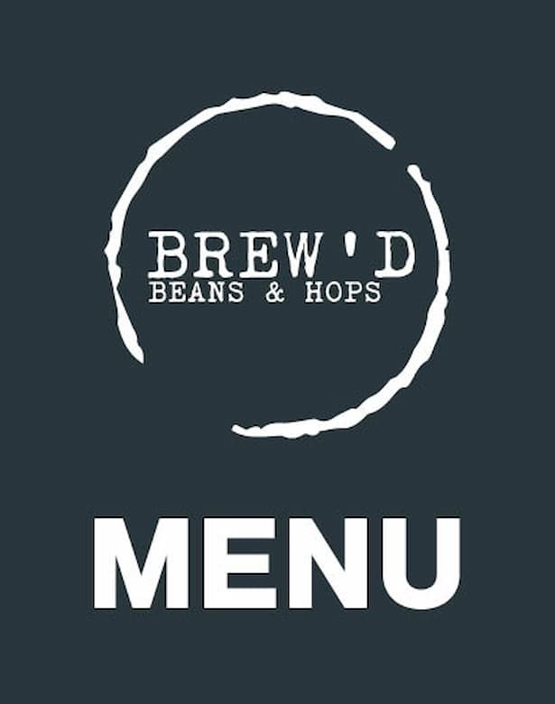 Logo for "Brew'd Beans & Hops" with a circular design above the word "Menu" on a dark background.