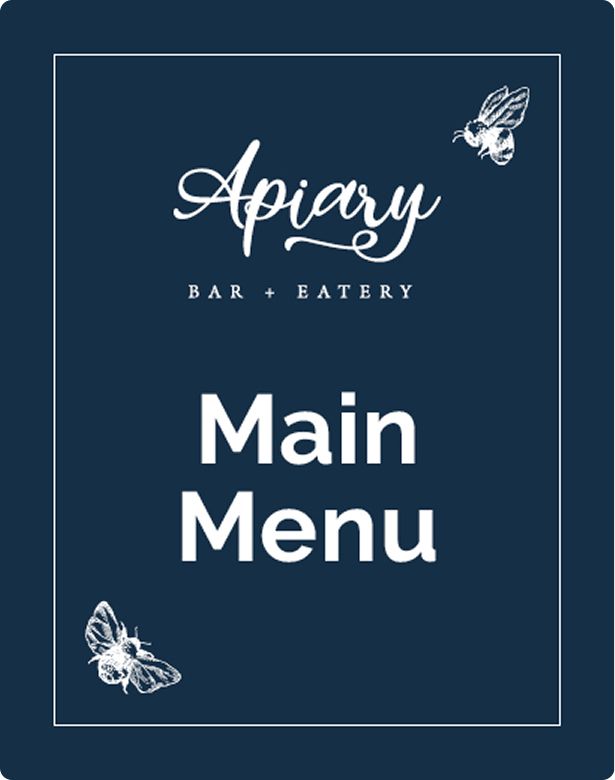Navy menu cover for "Apiary Bar + Eatery" with white text and bee illustrations, titled "Main Menu."
