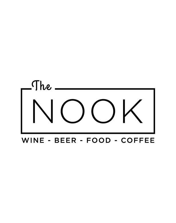 Logo of "The Nook" with the text: "Wine - Beer - Food - Coffee" in a black, minimalist font on a white background.