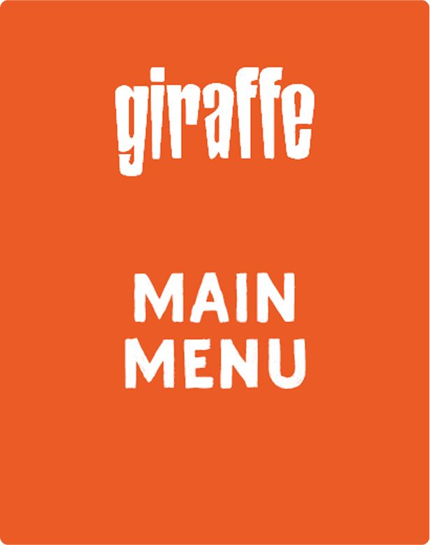 Orange cover with stylized white text reading "giraffe" and "MAIN MENU."