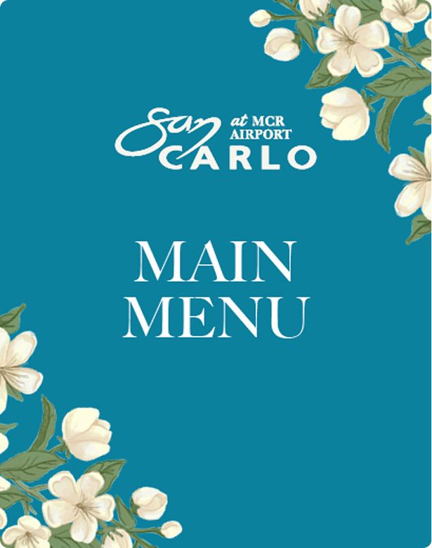 Blue menu cover with "San Carlo at MCR Airport" and "Main Menu" text, adorned with white flowers on the sides.