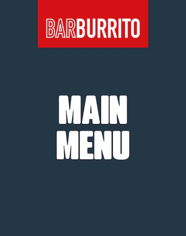 BarBurrito menu cover with a red and navy design. White bold text reads "MAIN MENU."