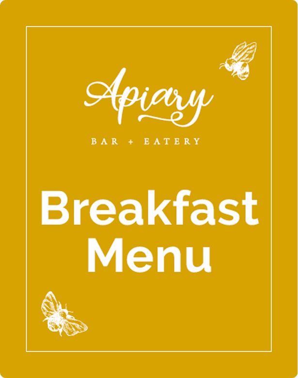 Yellow menu cover for "Apiary Bar + Eatery" with "Breakfast Menu" text and illustrations of bees in each corner.