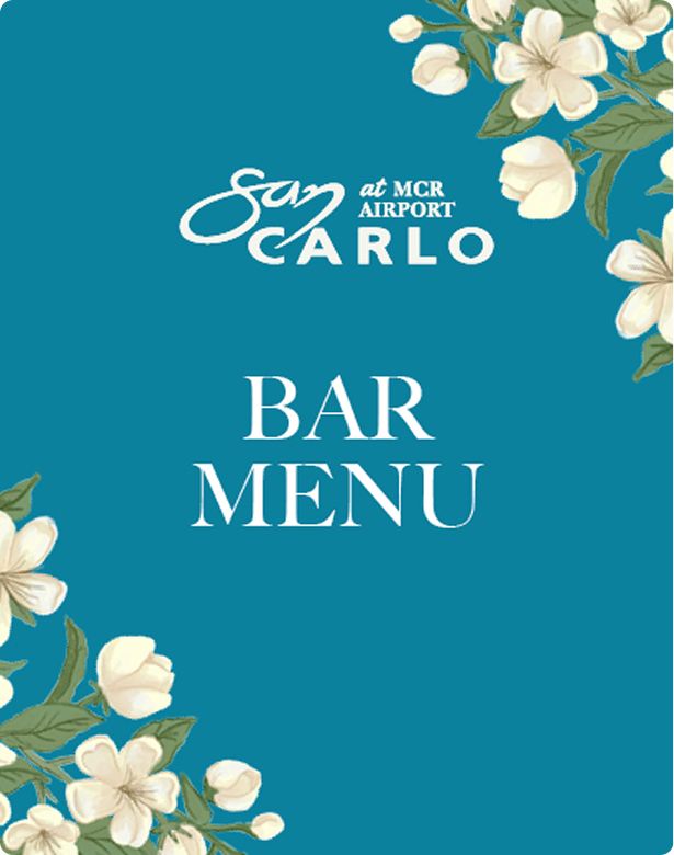 Teal-colored bar menu cover with white flowers and the text "San Carlo at MCR Airport."