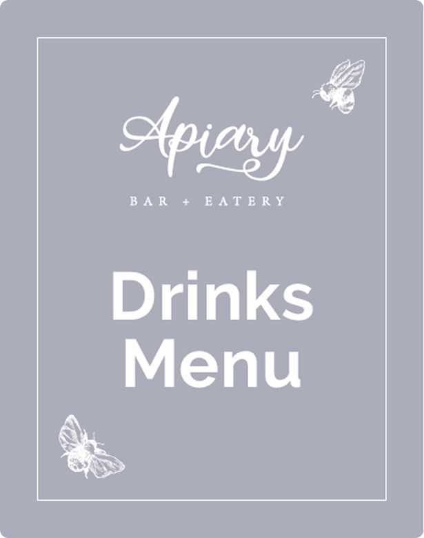 Gray drink menu cover with white text for "Apiary Bar + Eatery." Features illustrations of two bees in the corners.