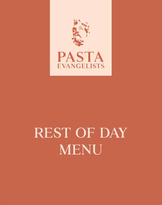 "Rest of Day Menu" cover with a classical sculpture face and "Pasta Evangelists" text on a light brown background.