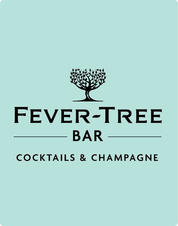 Logo of Fever-Tree Bar on a teal background, featuring a stylized tree and text: "Fever-Tree Bar, Cocktails & Champagne."